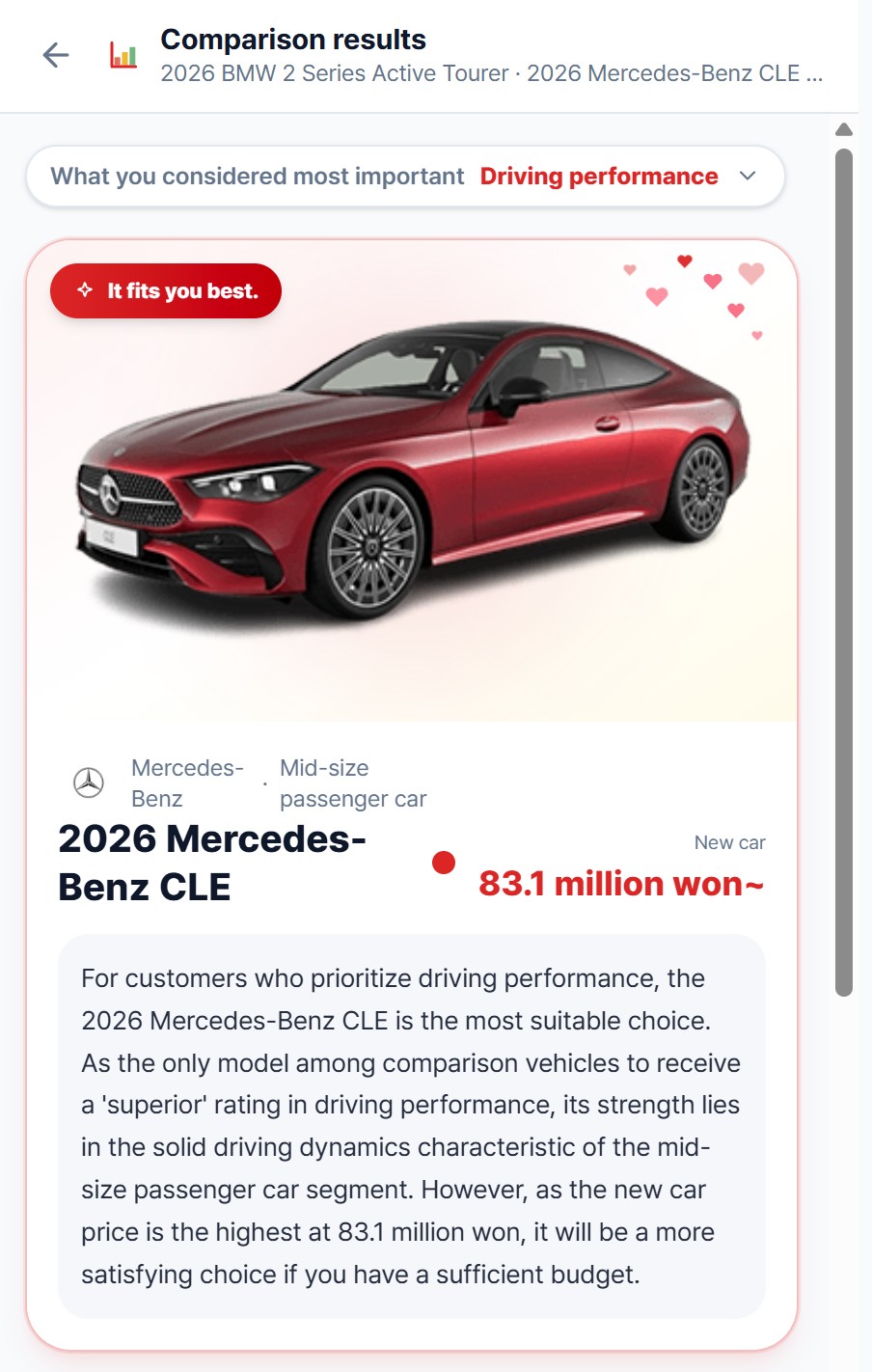 An agentic AI vehicle advisor showing its comparison result: the model it recommends for a buyer who prioritised driving performance, with the reasoning behind the pick