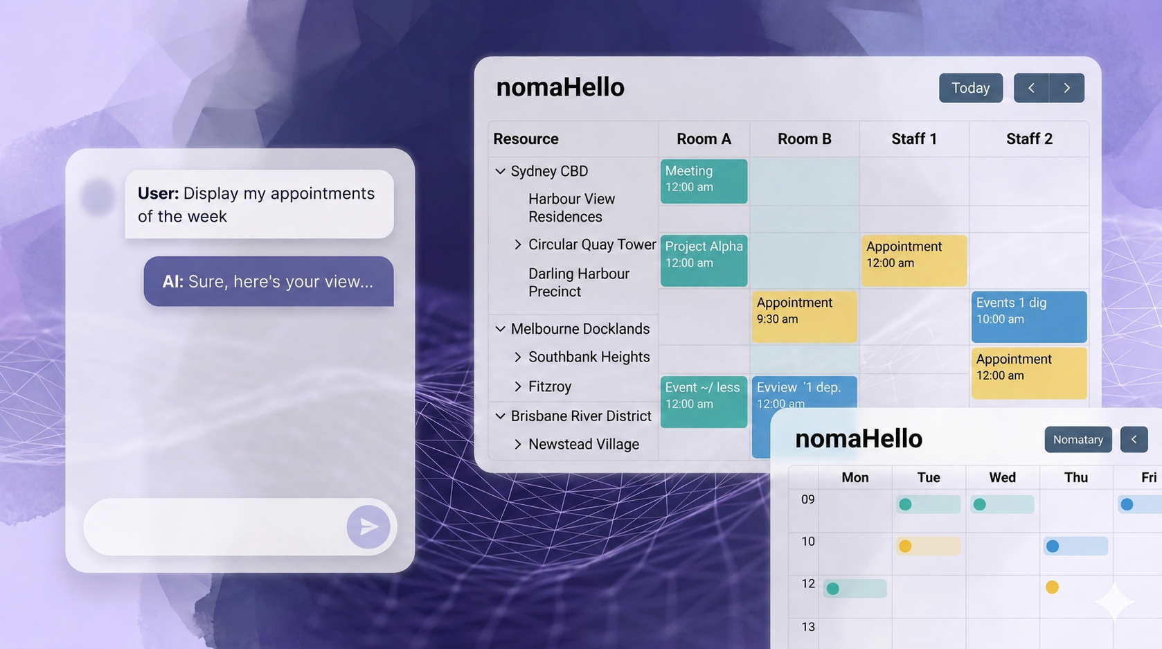 nomaHello in action — an AI chat assistant beside a resource calendar of bookings across rooms and staff